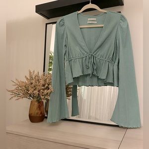 Urban Outfitters Gauzy Tie-Front Bell Sleeve Blouse. Size Medium, Sage Green.